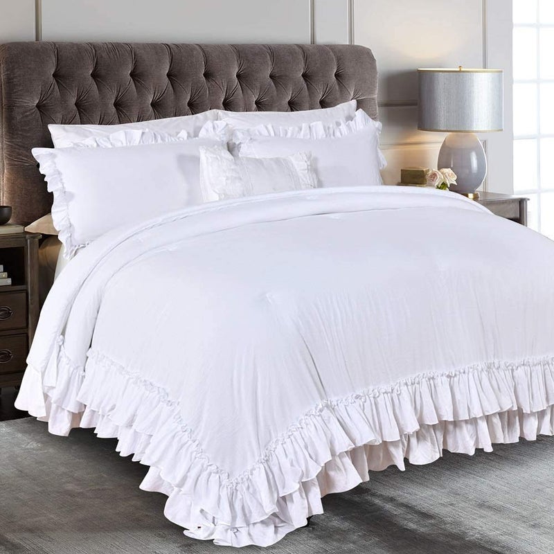 QSH White Farmhouse Ruffled Comforter Set King Size Shabby Boho Chic White Bedding Comforter King Lightweight Fluffy Ultra Soft Microfiber Inner Fill Bedding Set 3 Pieces - Image 1